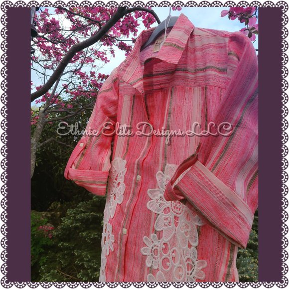 New Pink/White Khadi Kurta - Floral applique Work -Shirt Dress - Picture 5 of 11